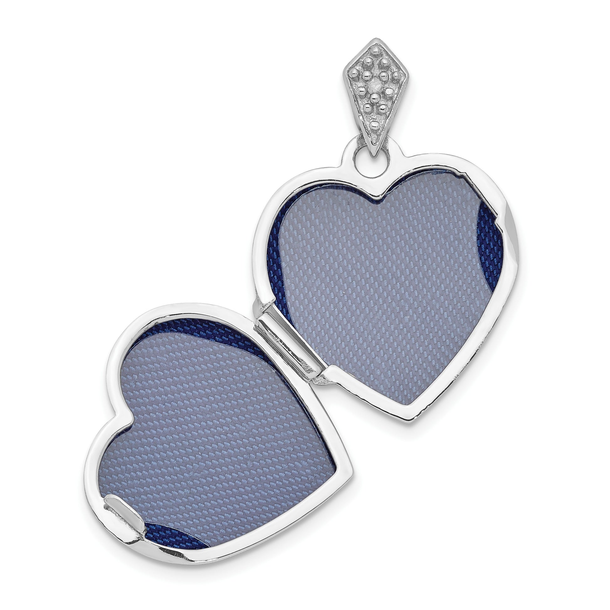 14k White Gold Diamond Vintage Filigree with Blue Fabric Interior 15mm Heart Locket