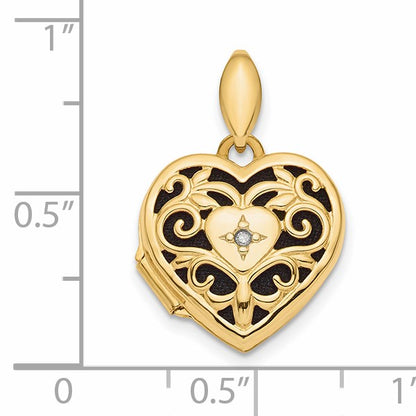 14k Polished Diamond Filigree with Black Fabric Interior 15mm Heart Locket