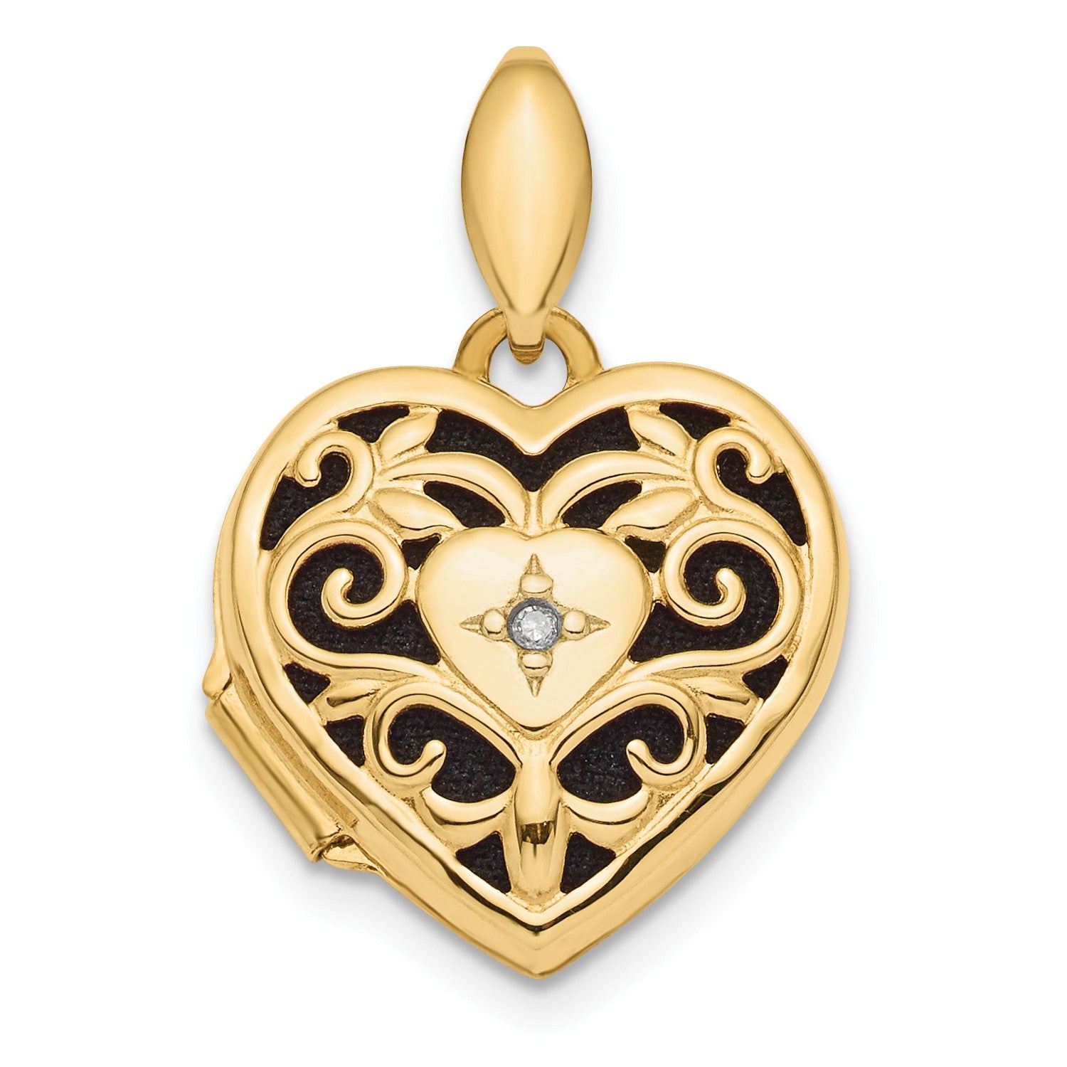 14k Polished Diamond Filigree with Black Fabric Interior 15mm Heart Locket