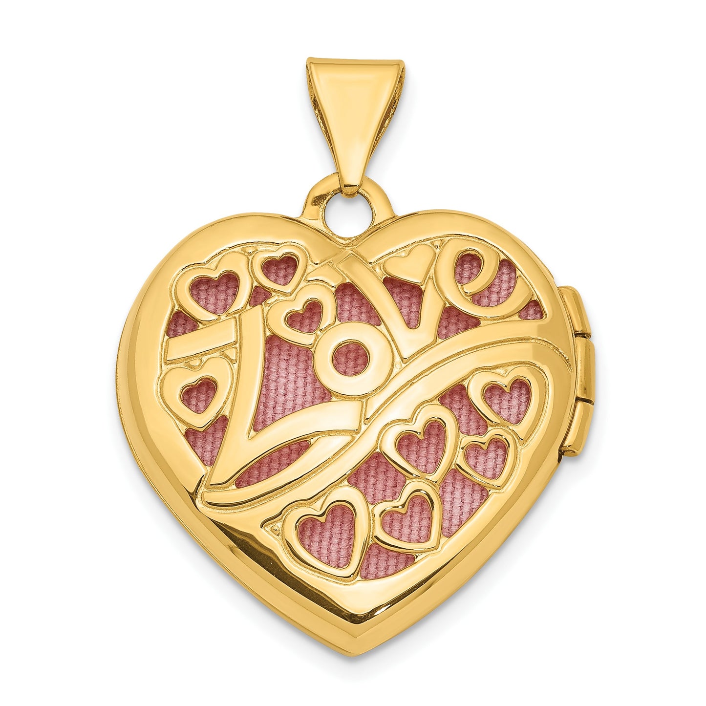 14k Heart Border Reverses to  Cut-out LOVE with Pink Fabric Interior 19mm Heart Locket