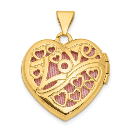 14k Heart Border Reverses to  Cut-out LOVE with Pink Fabric Interior 19mm Heart Locket