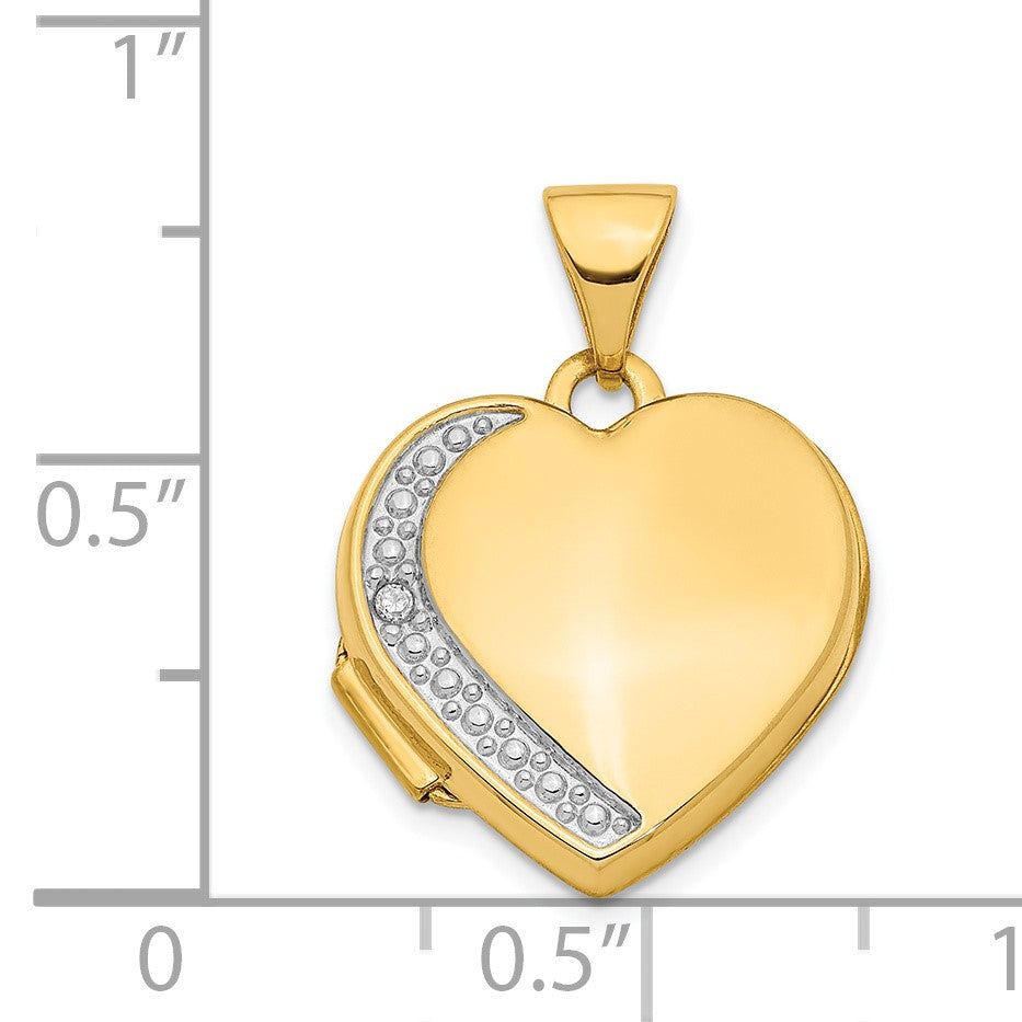 14K Polished and Textured Diamond 16mm Heart Locket