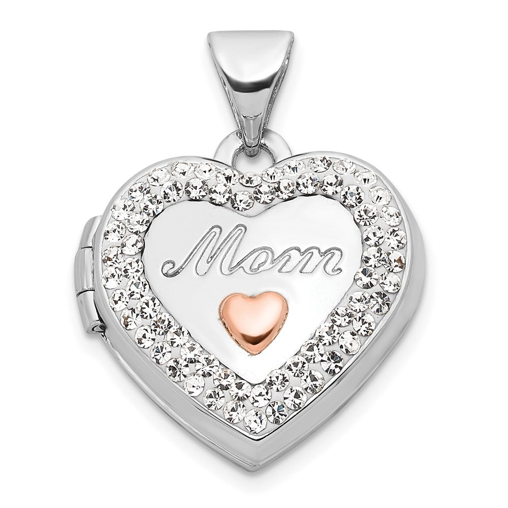 14K White Gold w/ Rose Rhodium Plated Crystal 16mm MOM Heart Locket Pendant