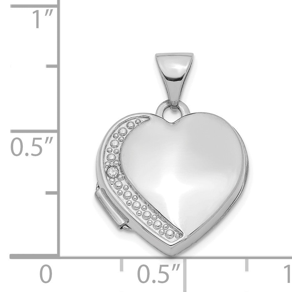 14K White Gold Polished and Textured Diamond 16mm Heart Locket