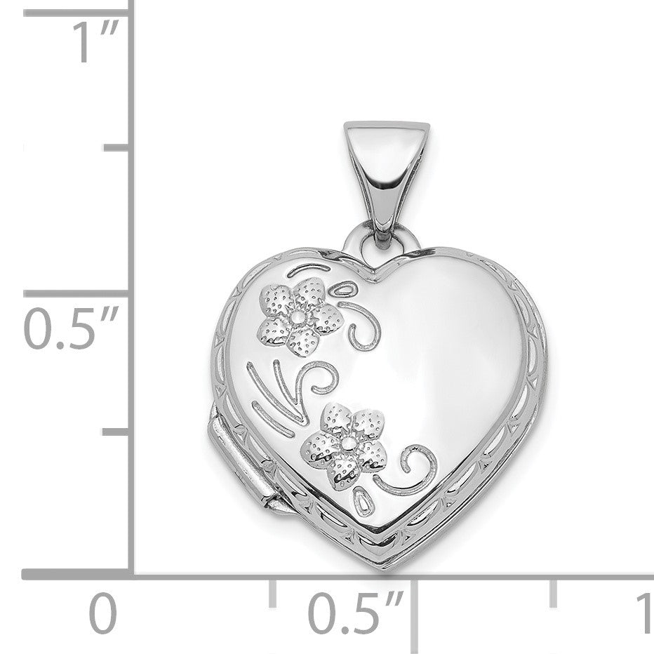 14k White Gold Floral 15mm Heart Locket