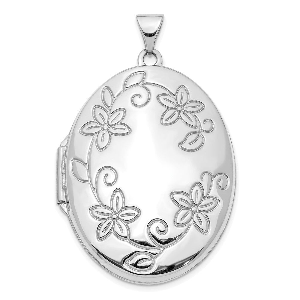 14K White Gold 33mm Floral Oval Locket Pendant