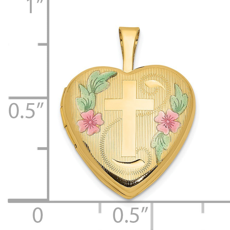 14k Pink and Green Enamel Floral Cross 16mm Heart Locket