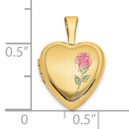 14k Satin with Pink and Green Enamel Rose 12mm Heart Locket