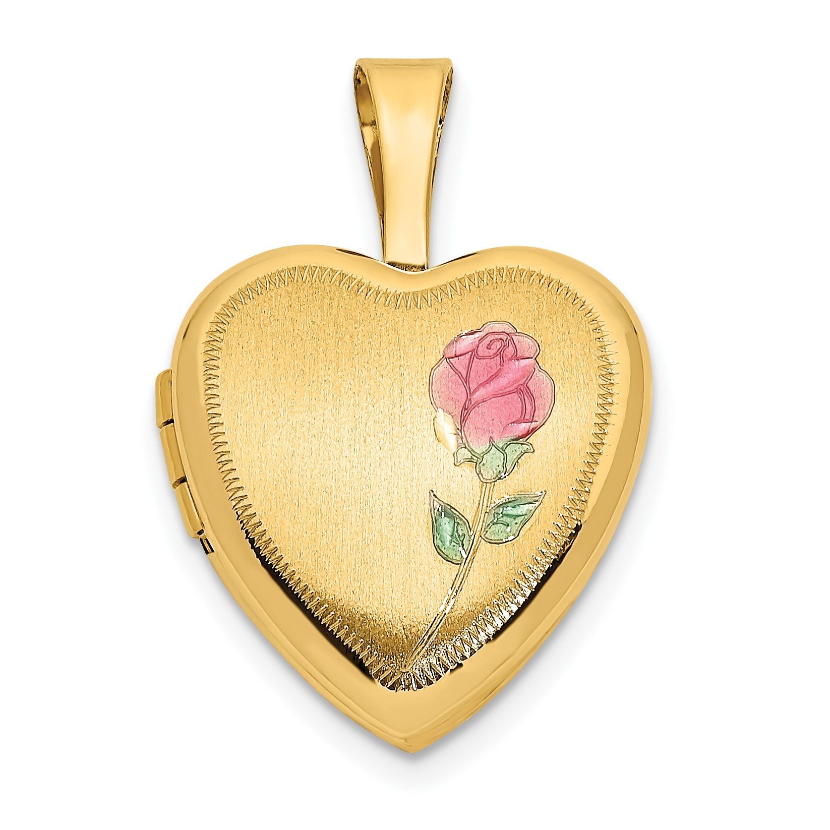 14k Satin with Pink and Green Enamel Rose 12mm Heart Locket