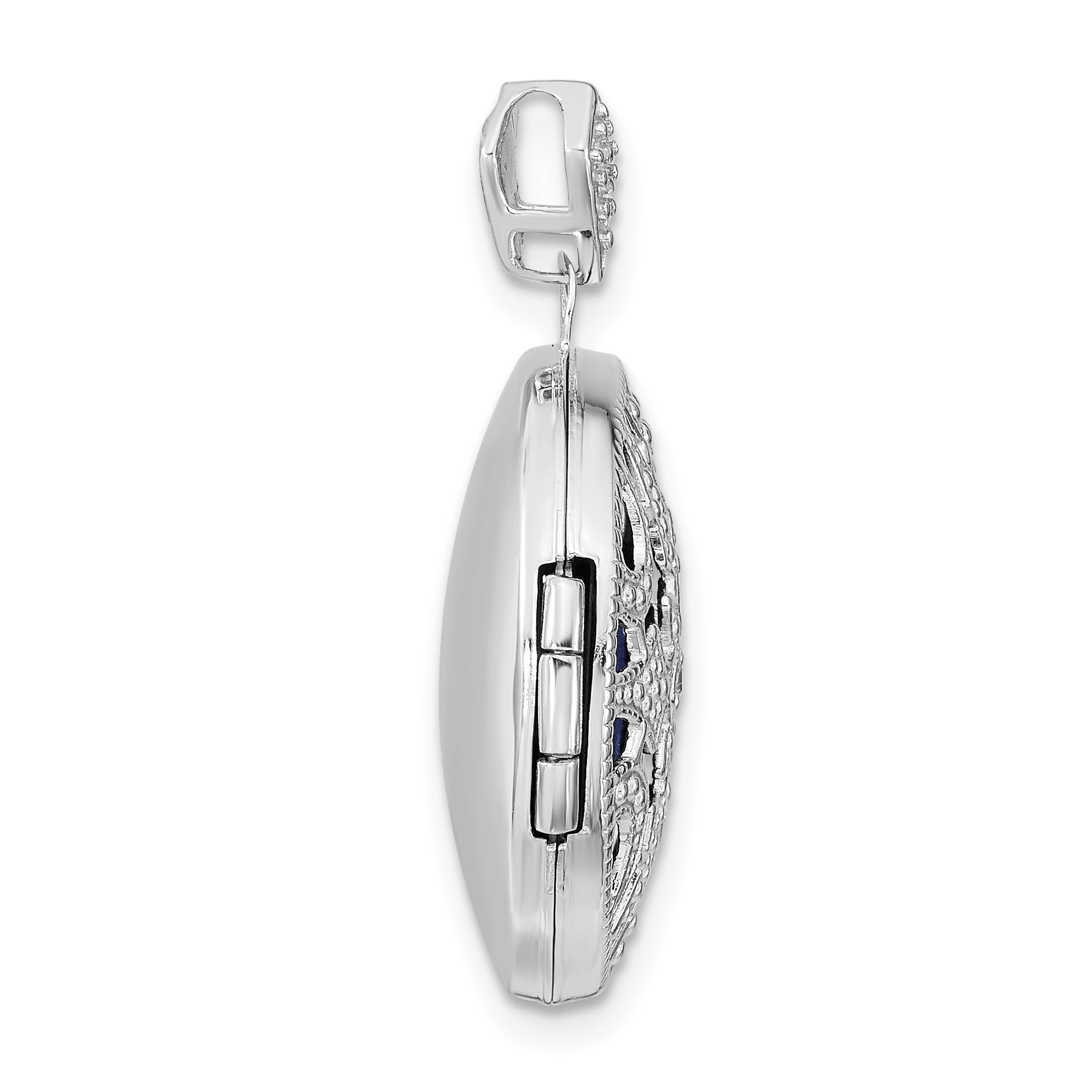 14k White Gold  .01ct Diamond Vintage Filigree with Blue Fabric Interior 20mm Round Locket