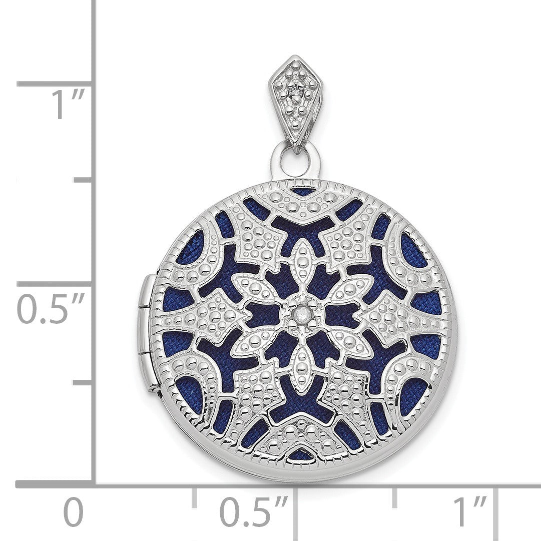 14k White Gold  .01ct Diamond Vintage Filigree with Blue Fabric Interior 20mm Round Locket