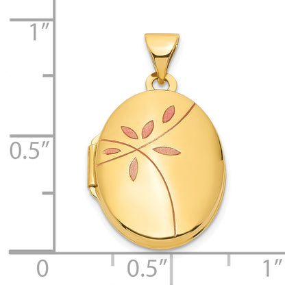 14k Pink Enamel Leaves 19mm Oval Locket