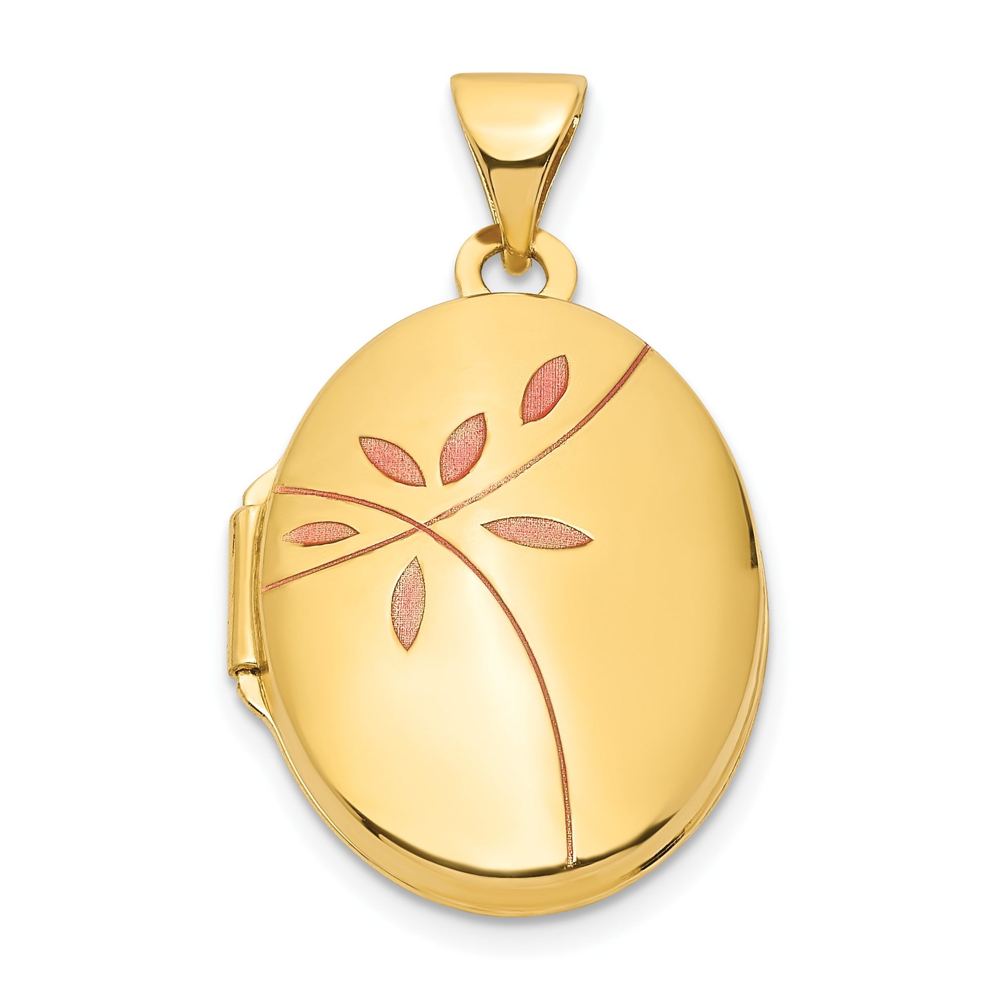 14k Pink Enamel Leaves 19mm Oval Locket