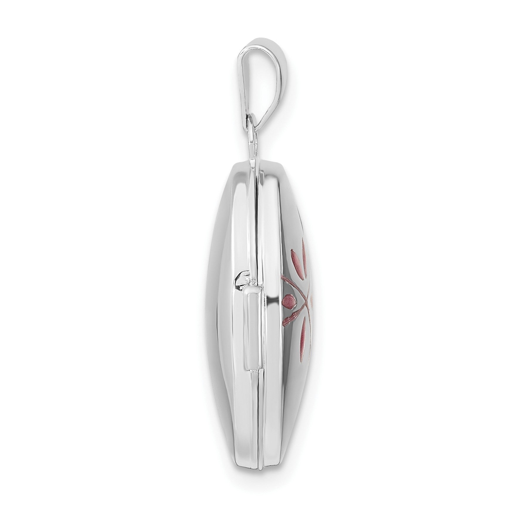14k White Gold Pink Enamel Leaves 19mm Oval Locket