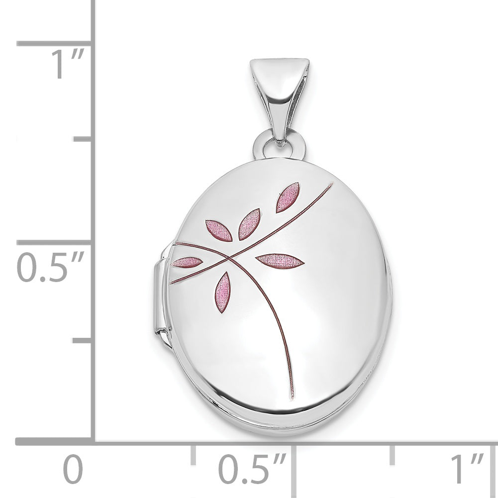 14k White Gold Pink Enamel Leaves 19mm Oval Locket