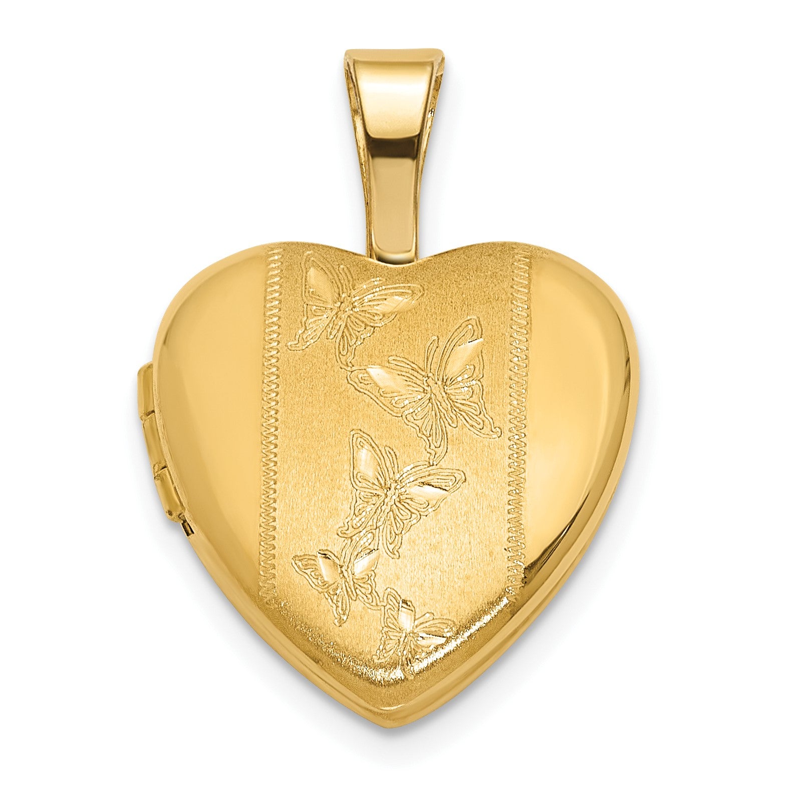 14K Polished and Satin Butterflies 12mm Heart Locket