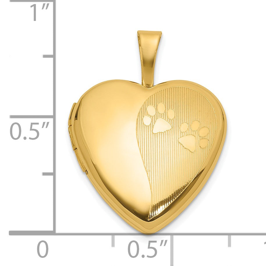 14K Textured and Polished Paw Prints 16mm Heart Locket