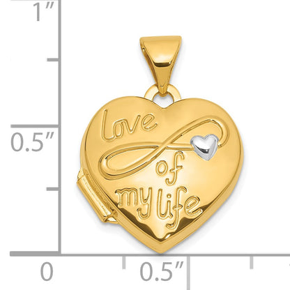 14K and White Rhodium Polished LOVE OF MY LIFE with Infinity 15mm Heart Locket