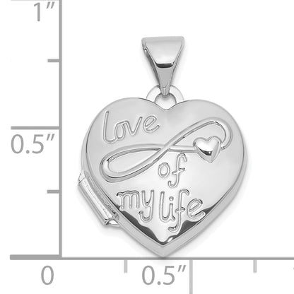 14K white Gold Polished LOVE OF MY LIFE with Infinity 15mm Heart Locket