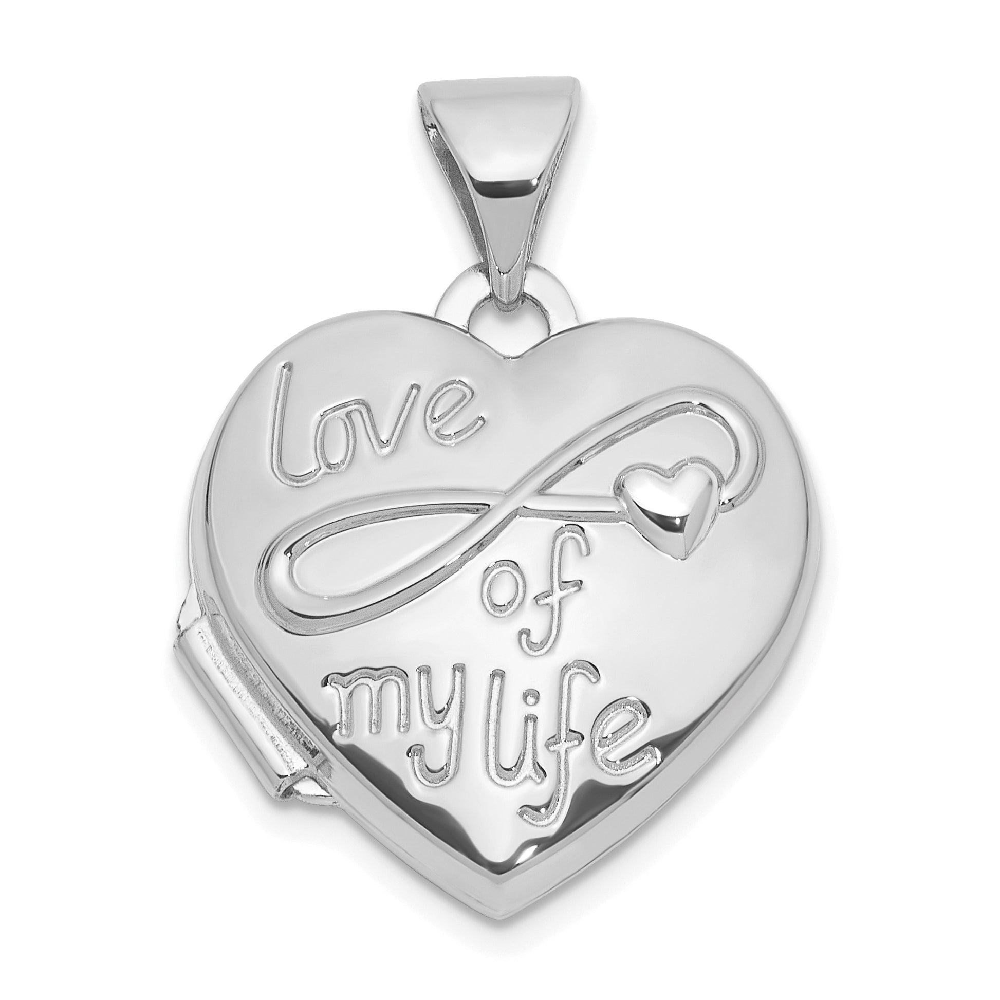 14K white Gold Polished LOVE OF MY LIFE with Infinity 15mm Heart Locket
