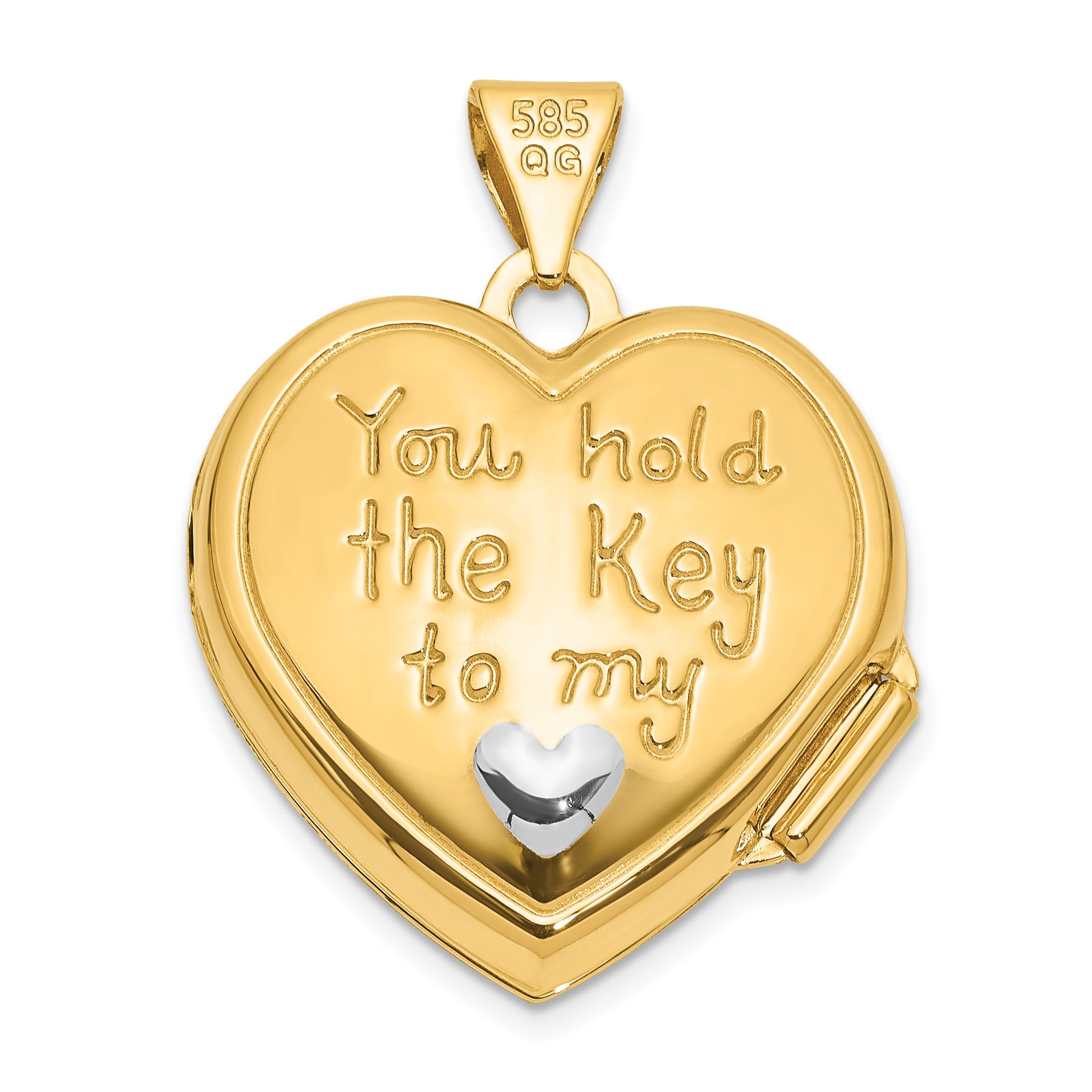 14K and White Rhodium Lock and Key Reverses to YOU HOLD THE KEY TO MY HEART 18mm Heart Locket