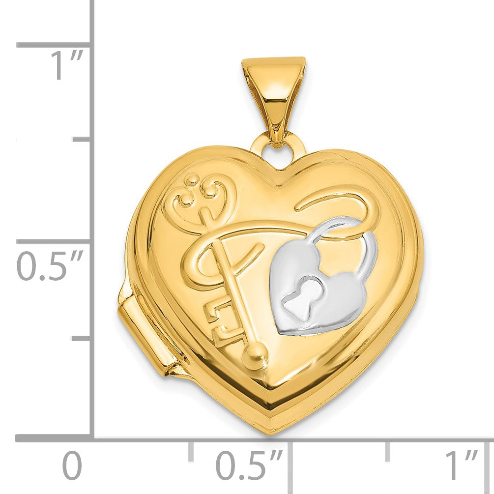 14K and White Rhodium Lock and Key Reverses to YOU HOLD THE KEY TO MY HEART 18mm Heart Locket