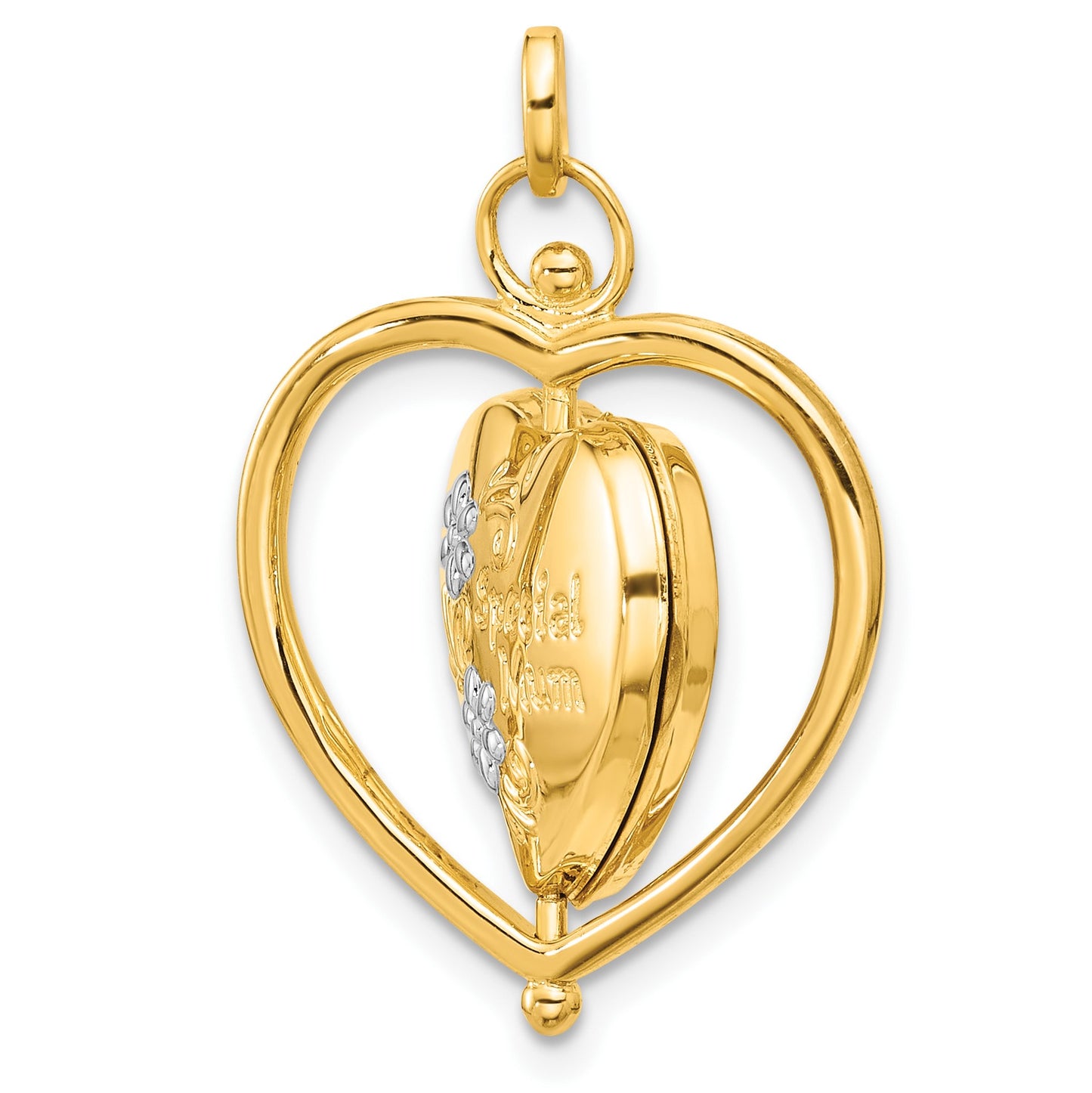 14K and White Rhodium Floral SPECIAL MUM and Tree in Spinning Frame Reversible 15mm Heart Locket