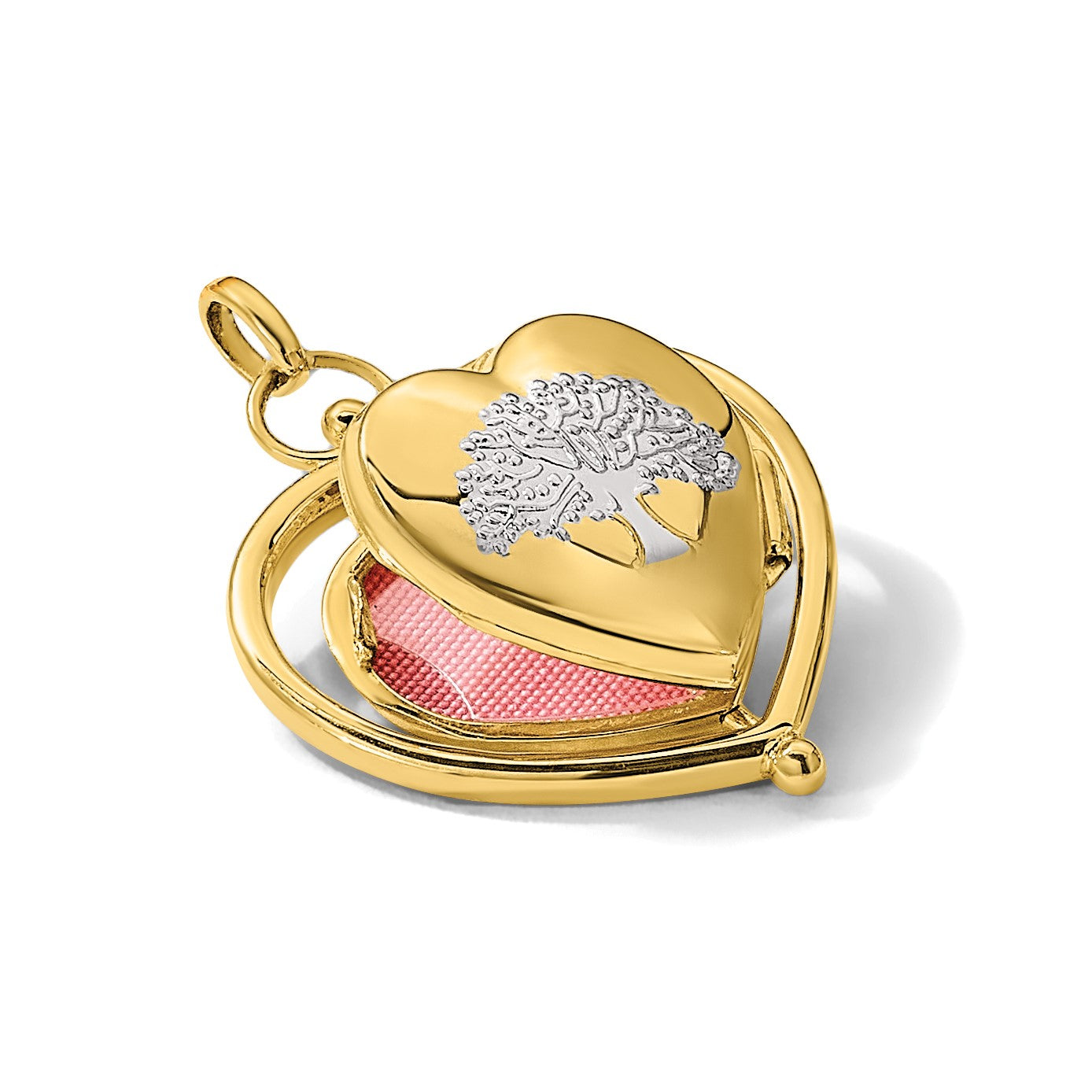 14K and White Rhodium Floral SPECIAL MUM and Tree in Spinning Frame Reversible 15mm Heart Locket