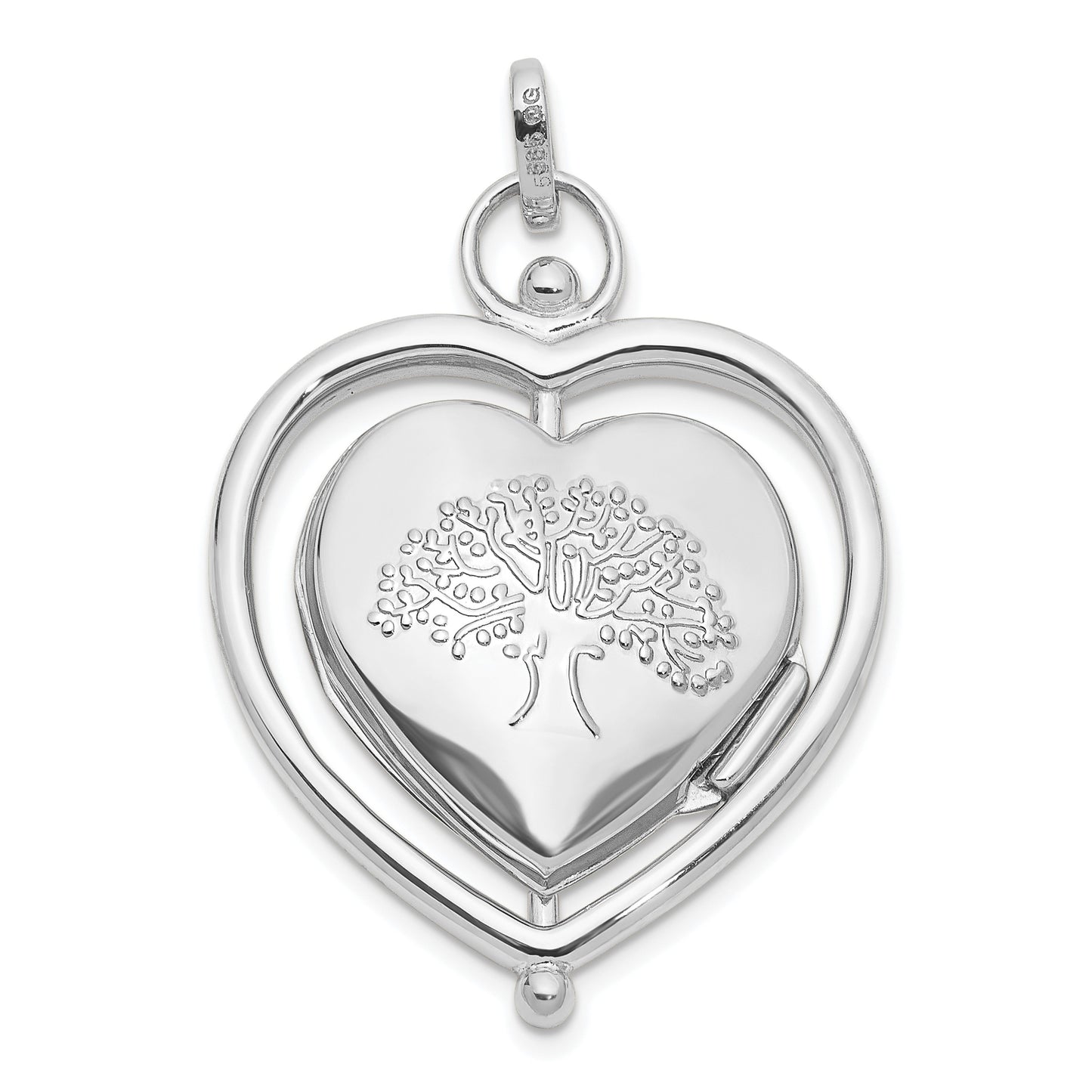 14K White Gold Floral SPECIAL MUM and Tree in Spinning Frame Reversible 15mm Heart Locket