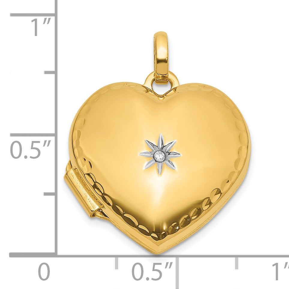 14K and White Rhodium Polished and Textured Diamond 15mm Heart Locket