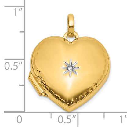 14K and White Rhodium Polished and Textured Diamond 15mm Heart Locket