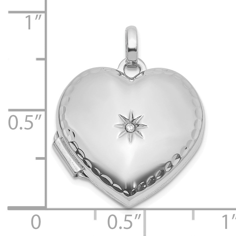 14k White Gold Polished and Textured Diamond 15mm Heart Locket