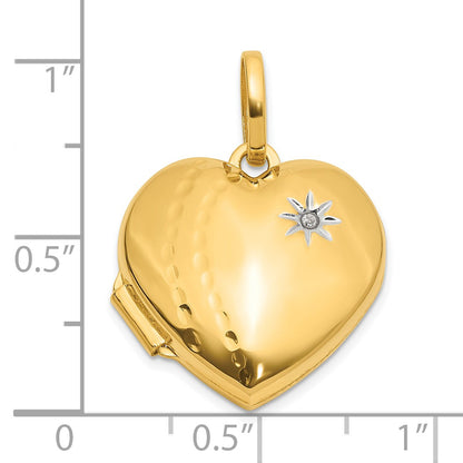 14K and White Rhodium Polished and Textured Diamond 18mm Heart Locket