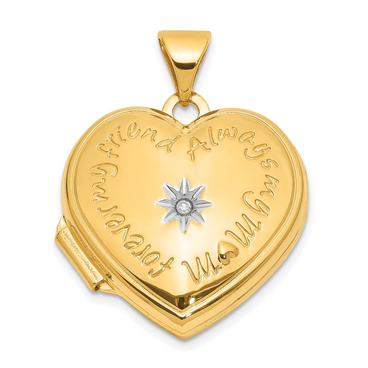 14K and White Rhodium Diamond Star FOREVER MY FRIEND ALWAYS MY MOM 18mm Heart Locket