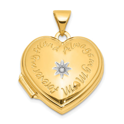 14K and White Rhodium Diamond Star FOREVER MY FRIEND ALWAYS MY MOM 18mm Heart Locket