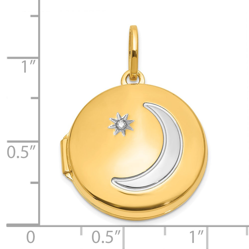 14K with White Rhodium 20mm Diamond Moon & Star Round Locket