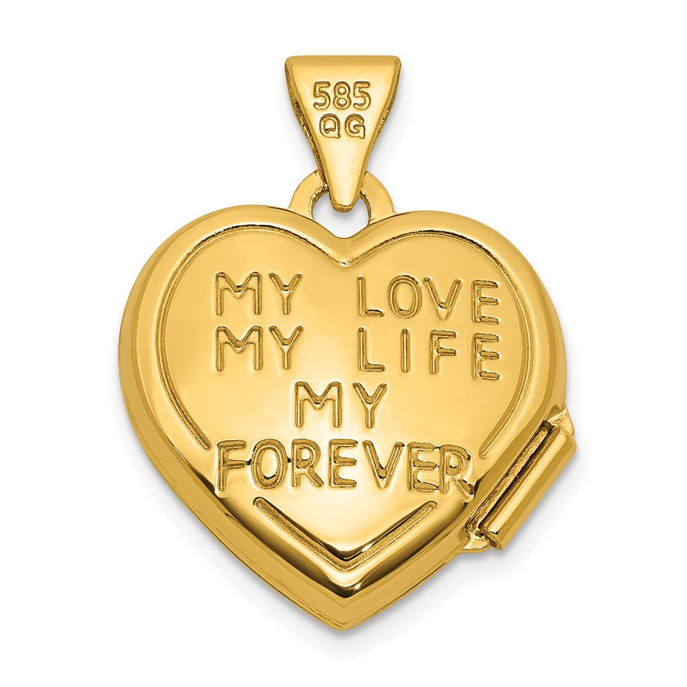 14k & Rhodium My Love My Life My Forever on Back 15mm Heart Locket