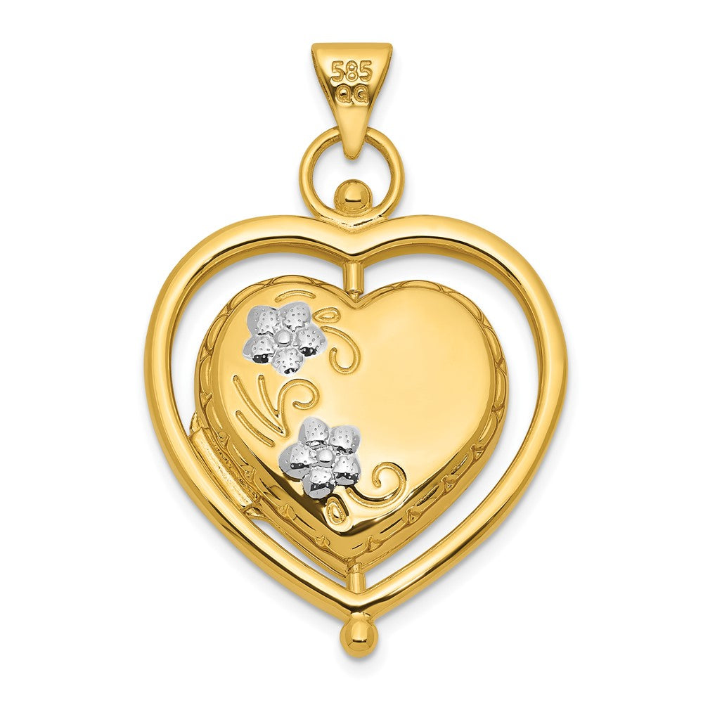 14k & Rhodium Tree Flowers Spinning Reversible 15mm Heart Locket