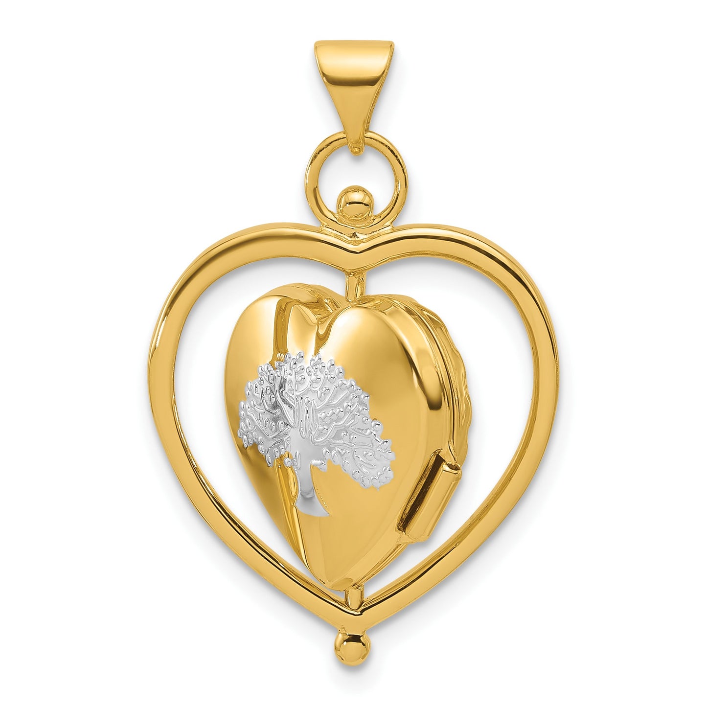 14k and White Rhodium Tree of  Life and Flowers in Spinning Frame Reversible 15mm Heart Locket