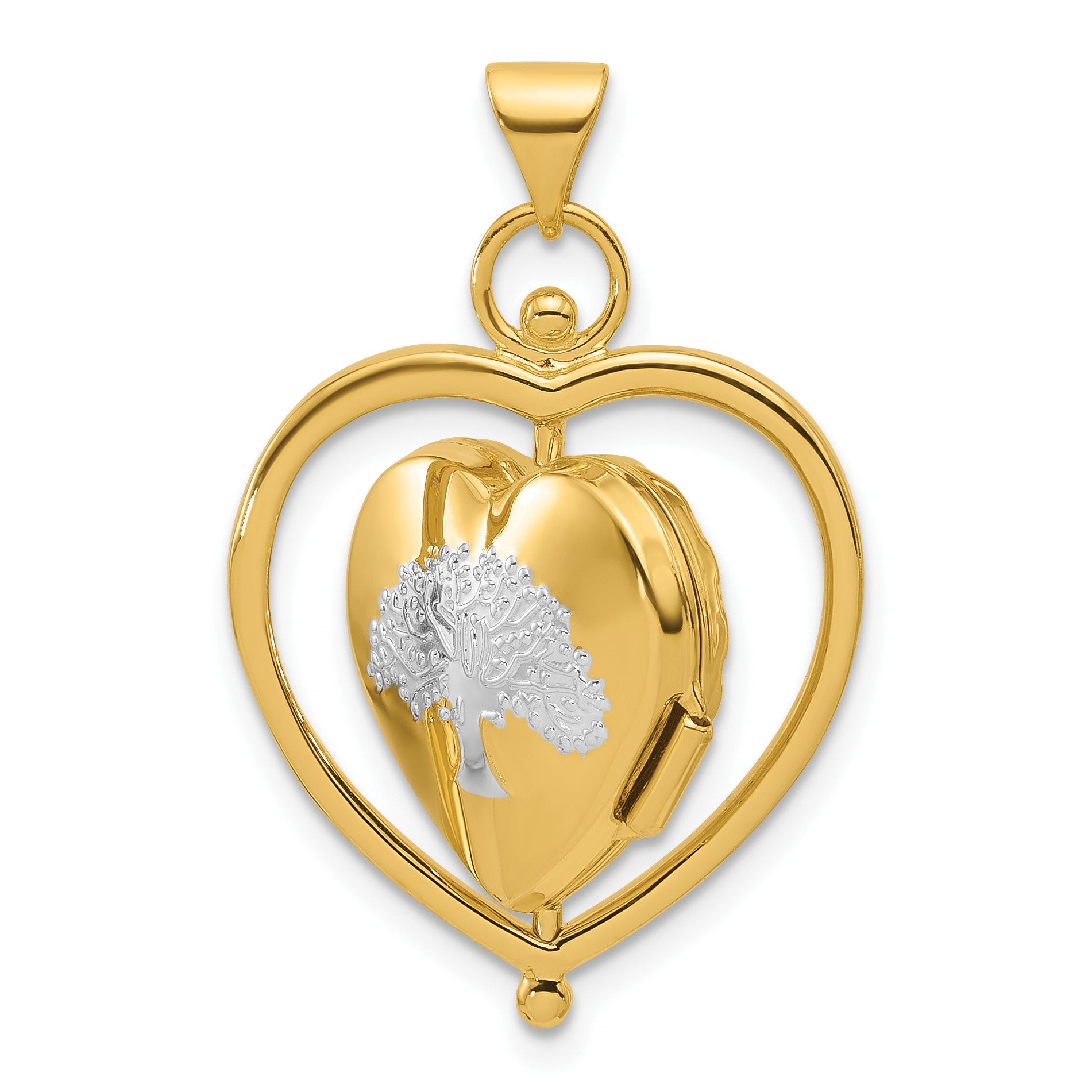 14k and White Rhodium Tree of  Life and Flowers in Spinning Frame Reversible 15mm Heart Locket