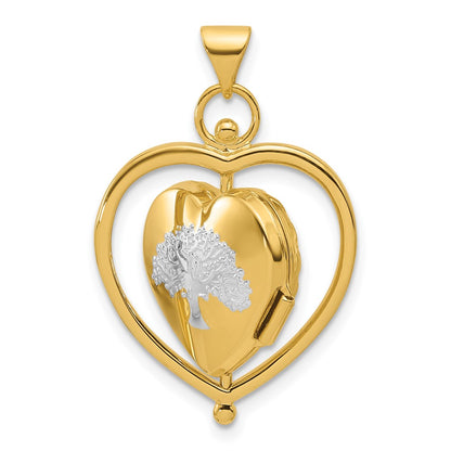 14k & Rhodium Tree Flowers Spinning Reversible 15mm Heart Locket