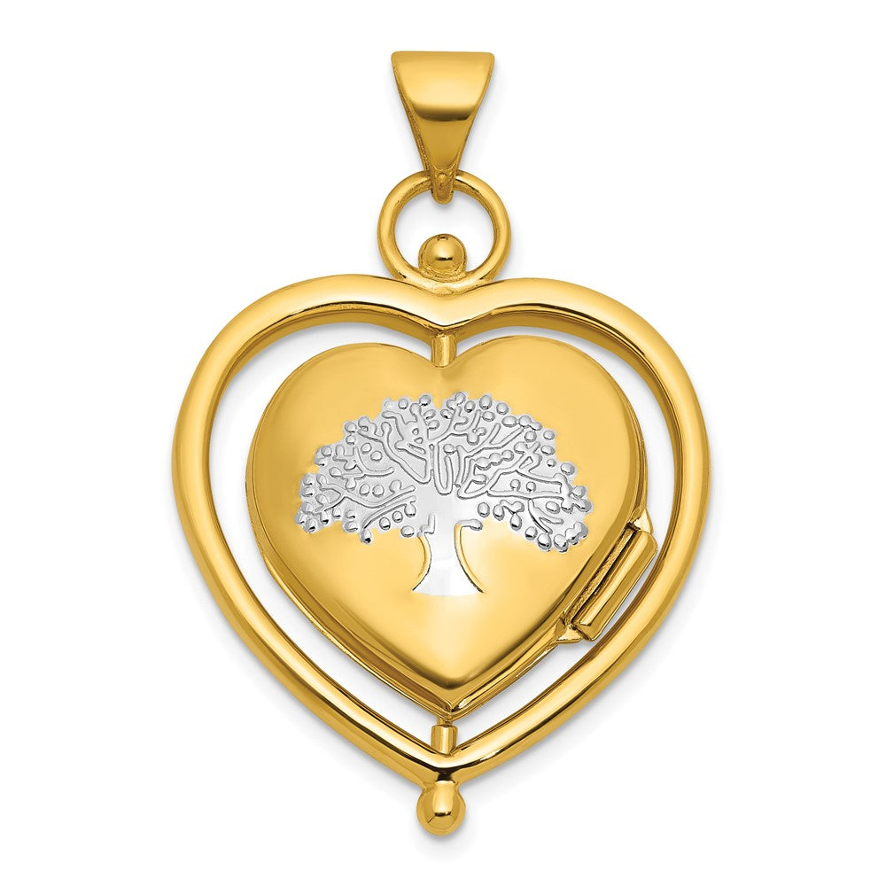 14k & Rhodium Tree Flowers Spinning Reversible 15mm Heart Locket