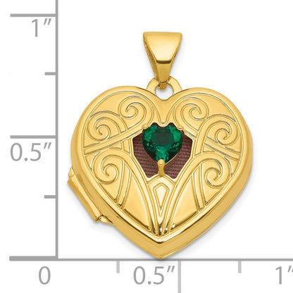 14k Polished Lab Created Emerald May Birthstone 18mm Heart Locket