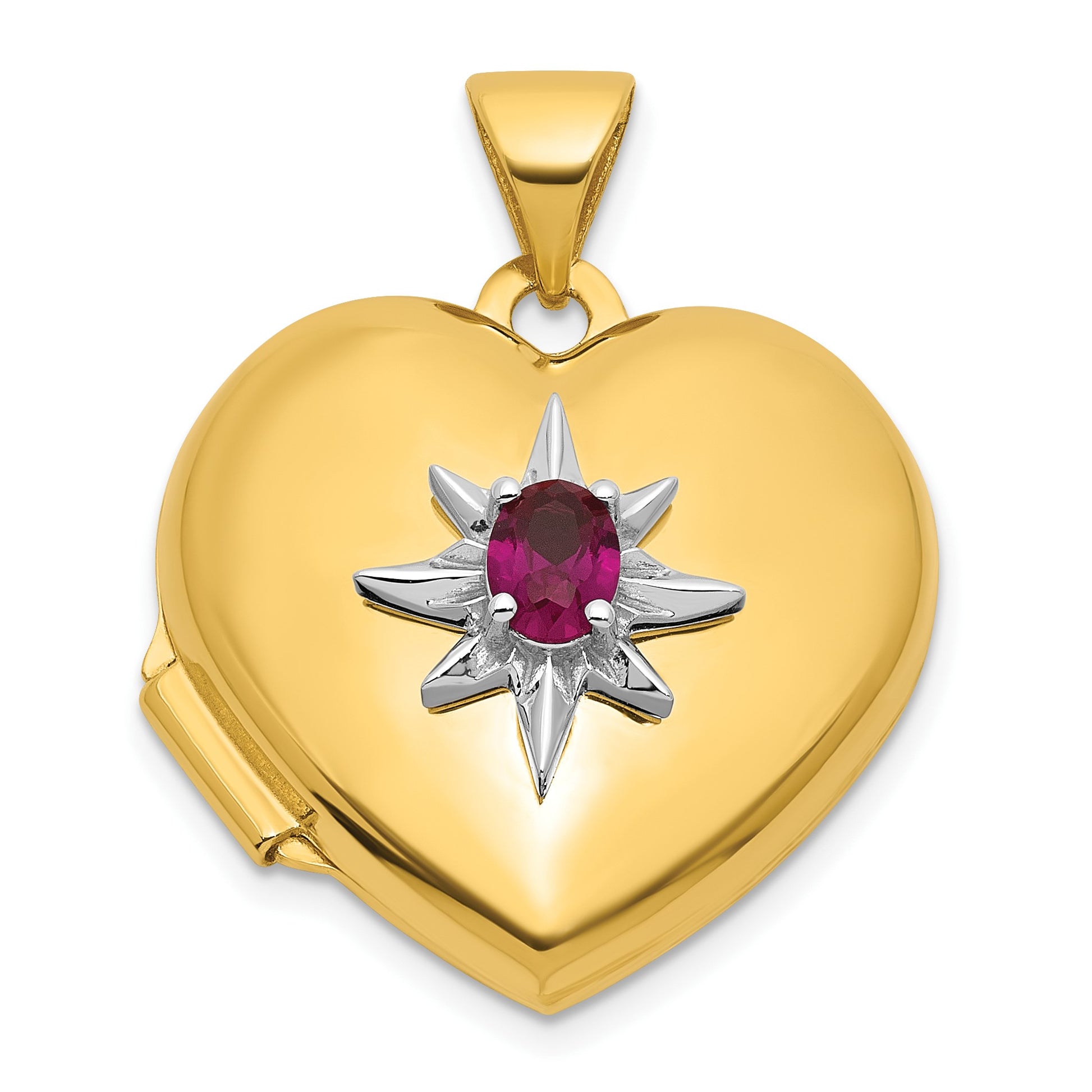 14k and White Rhodium Starburst and Round Lab Created Ruby 18mm Heart Locket