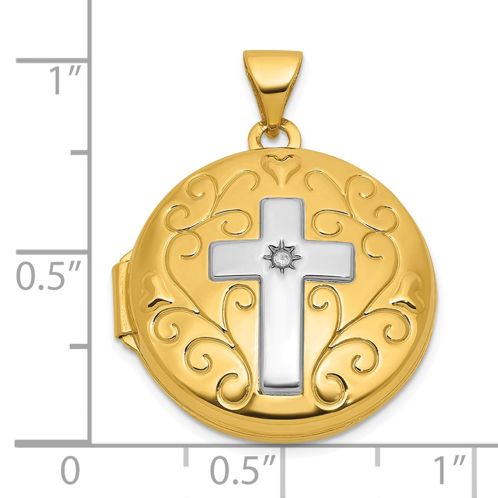 14k & Rhodium Diamond Polished Cross 20mm Round Locket