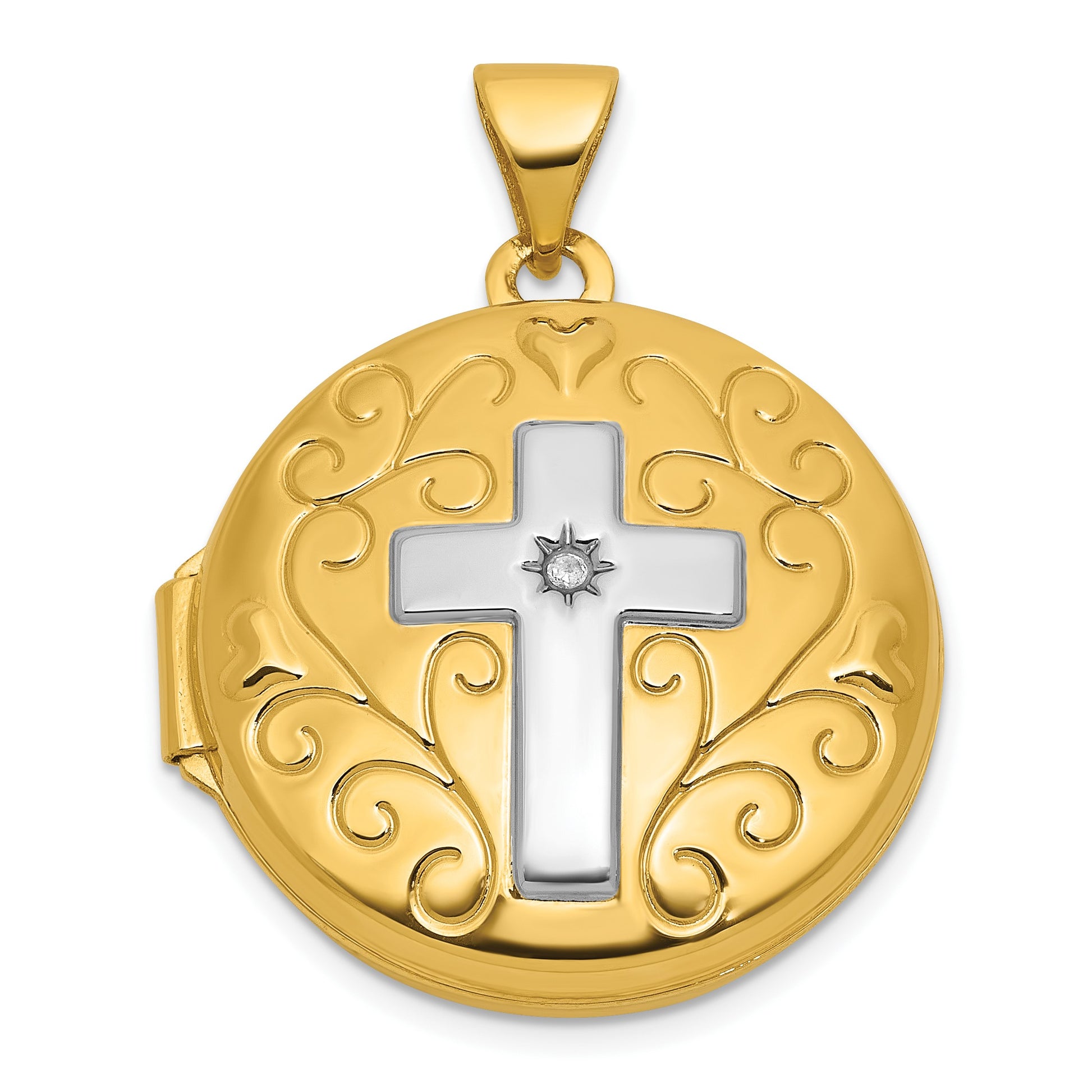 14k and White Rhodium Half Point Diamond Polished Cross 20mm Round Locket