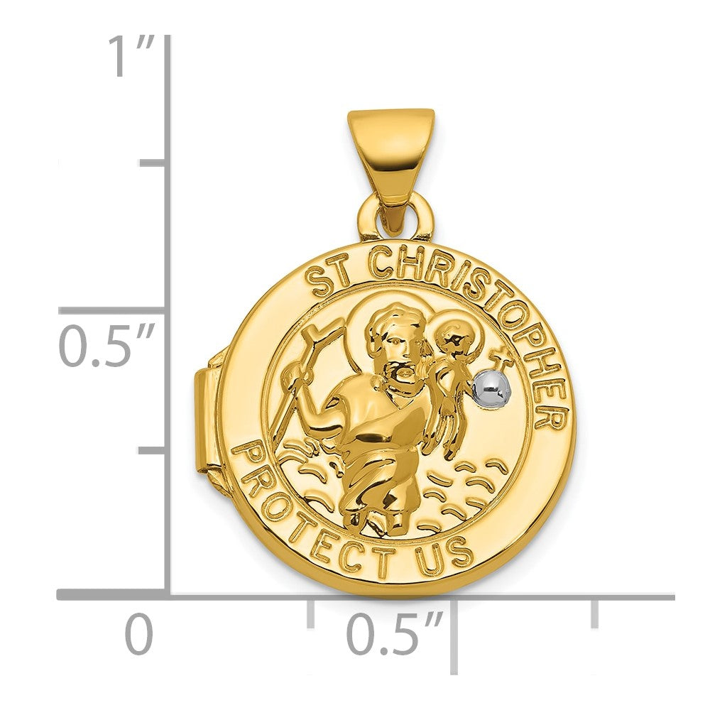 14k & Rhodium Polished St. Christopher Protect Us 16mm Round Locket