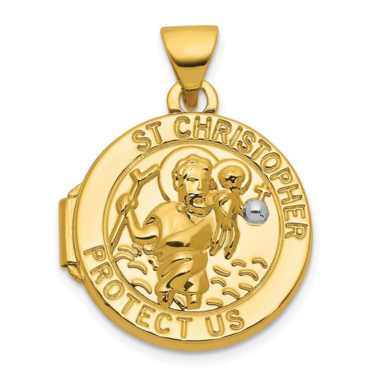 14k & Rhodium Polished St. Christopher Protect Us 16mm Round Locket