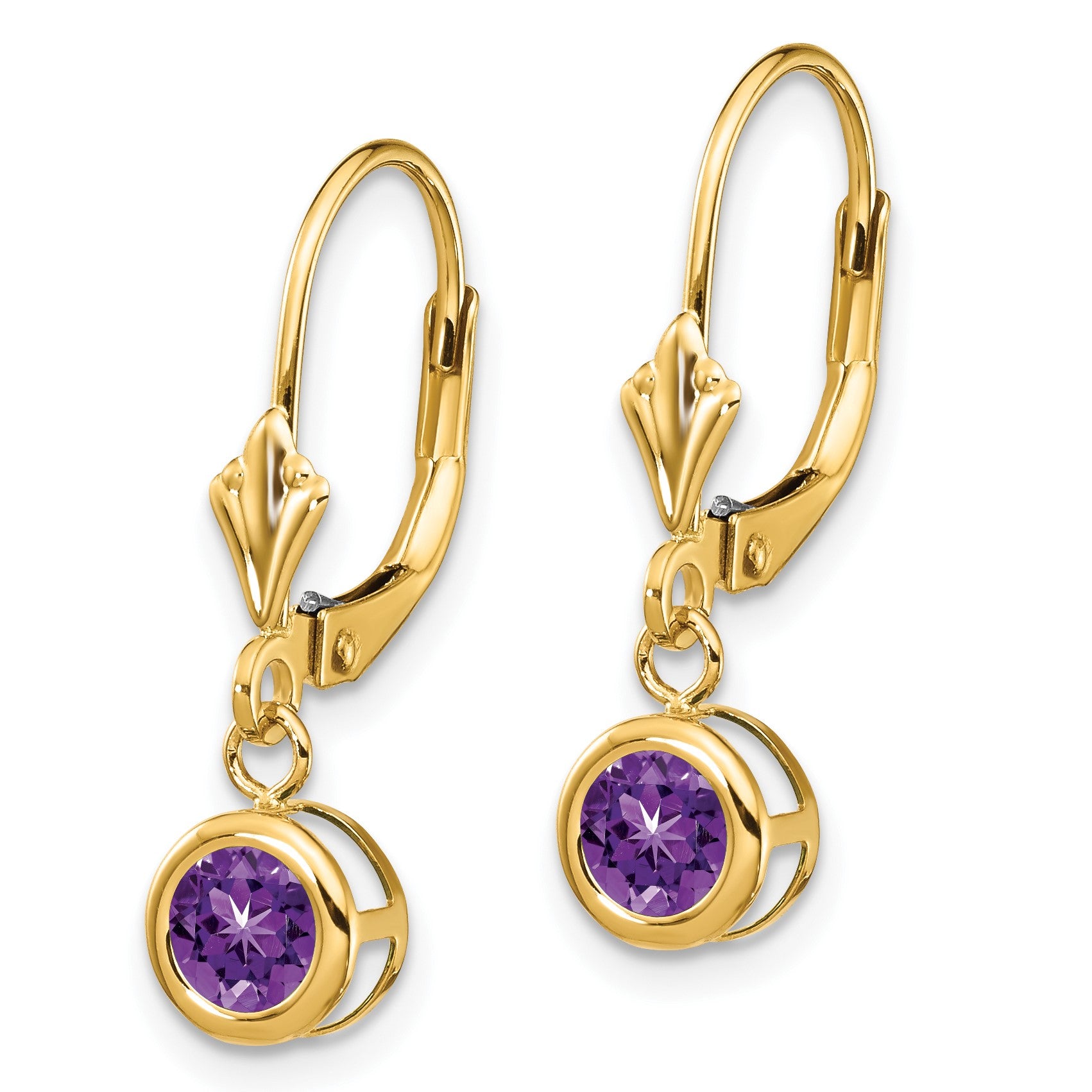 14k 5mm Round Amethyst Bezel Leverback Dangle Earrings