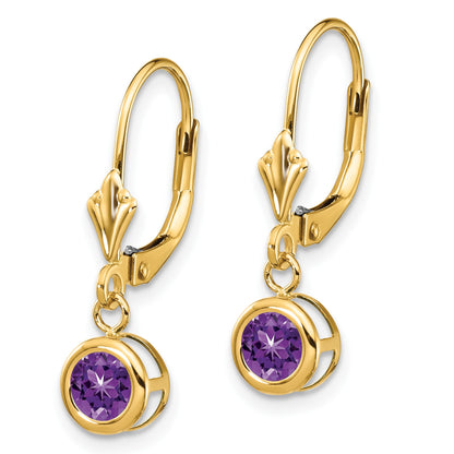 14k 5mm Round Amethyst Bezel Leverback Dangle Earrings